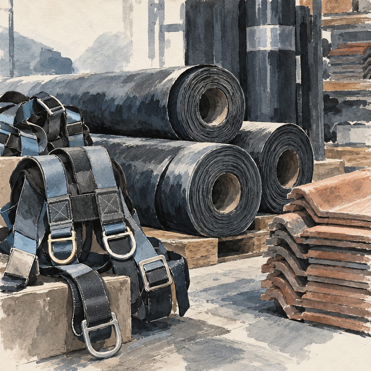 Illustration of roofing contractor materials store: rolled membranes, safe unused harnesses, neatly stacked tiles