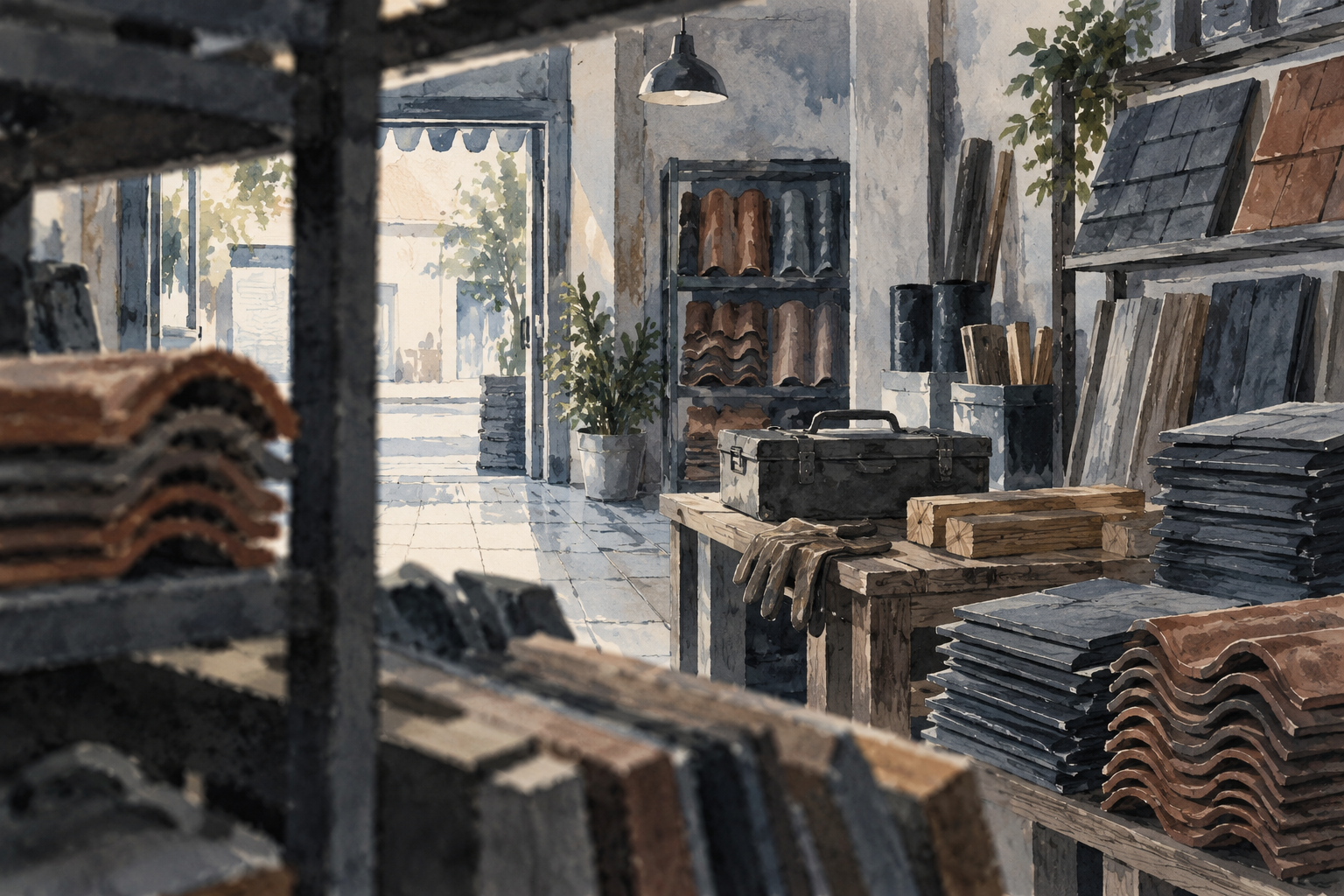 Illustration of roofing contractor materials store: neatly stacked tiles, a toolbox, small timber offcuts
