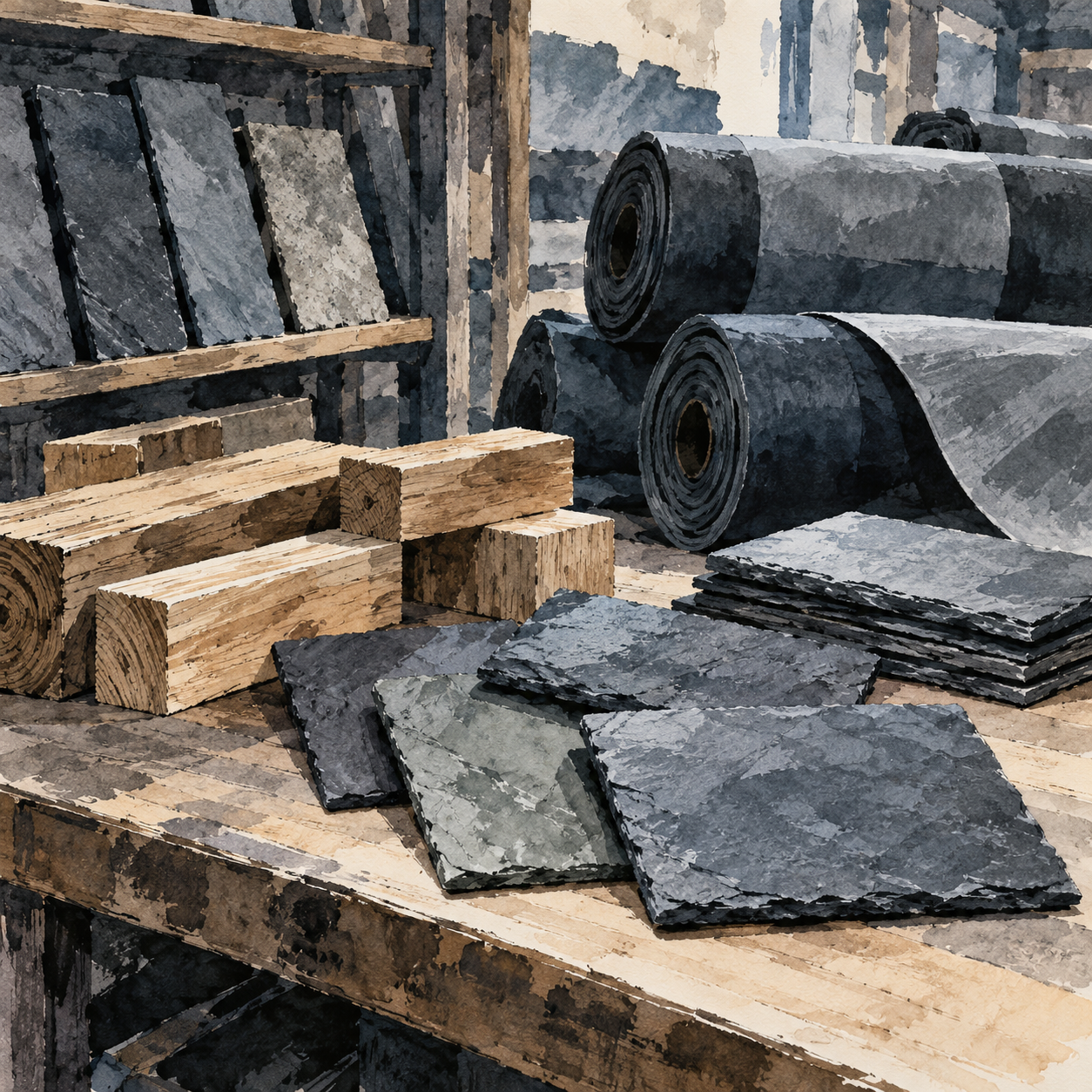 Illustration of roofing contractor materials store: small timber offcuts, slate samples, rolled membranes